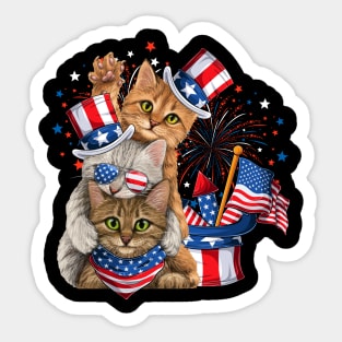 Cute Three Cat 4th of July Firework American Flag Sticker